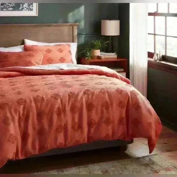 Tufted Diamond Crinkle Duvet Cover & Sham Set Melon Pink Full/ Queen Threshold - Picture 1 of 7